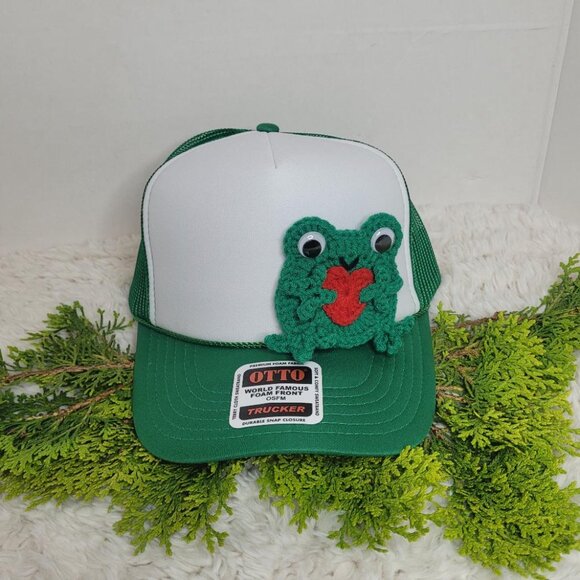 Hand Crafted Accessories - Adorable Crocheted Frog Trucker Hat with Red Heart